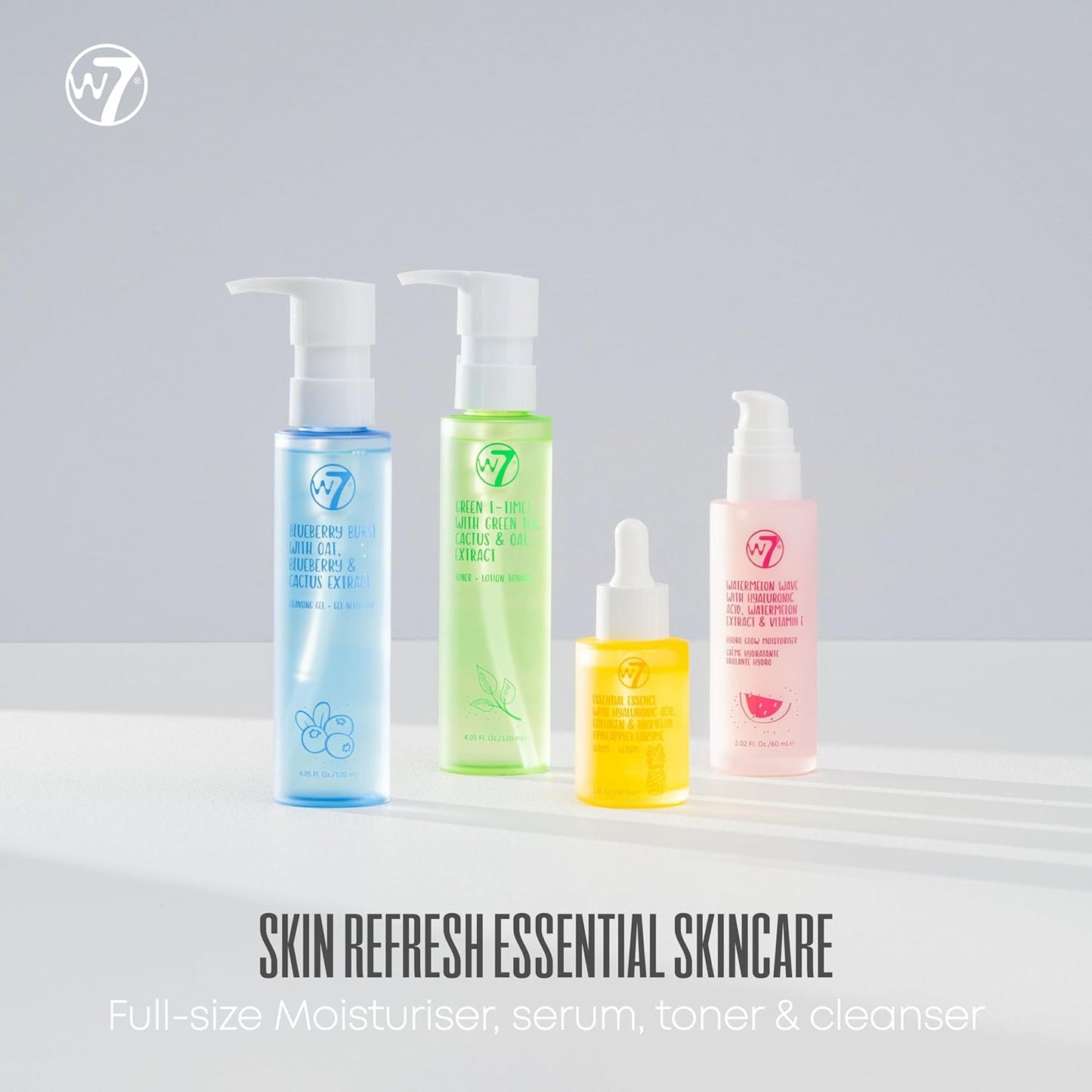 W7 Skin Refresh Essential Skincare Set - 4-Step Daily Routine Gift Set, Contains: Hydrating Cleanser, Soothing Toner, Anti-Ageing Serum and Repairing Moisturizer, Suitable For All Skin Types