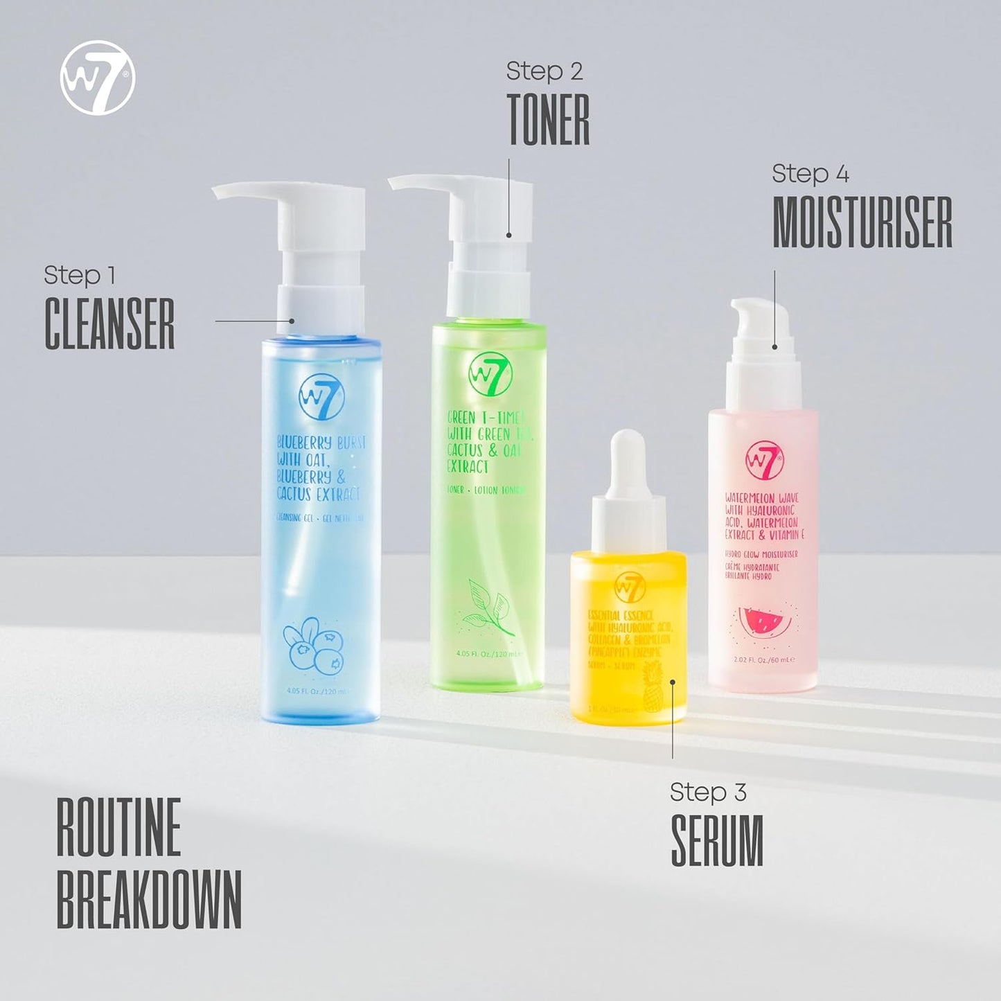 W7 Skin Refresh Essential Skincare Set - 4-Step Daily Routine Gift Set, Contains: Hydrating Cleanser, Soothing Toner, Anti-Ageing Serum and Repairing Moisturizer, Suitable For All Skin Types