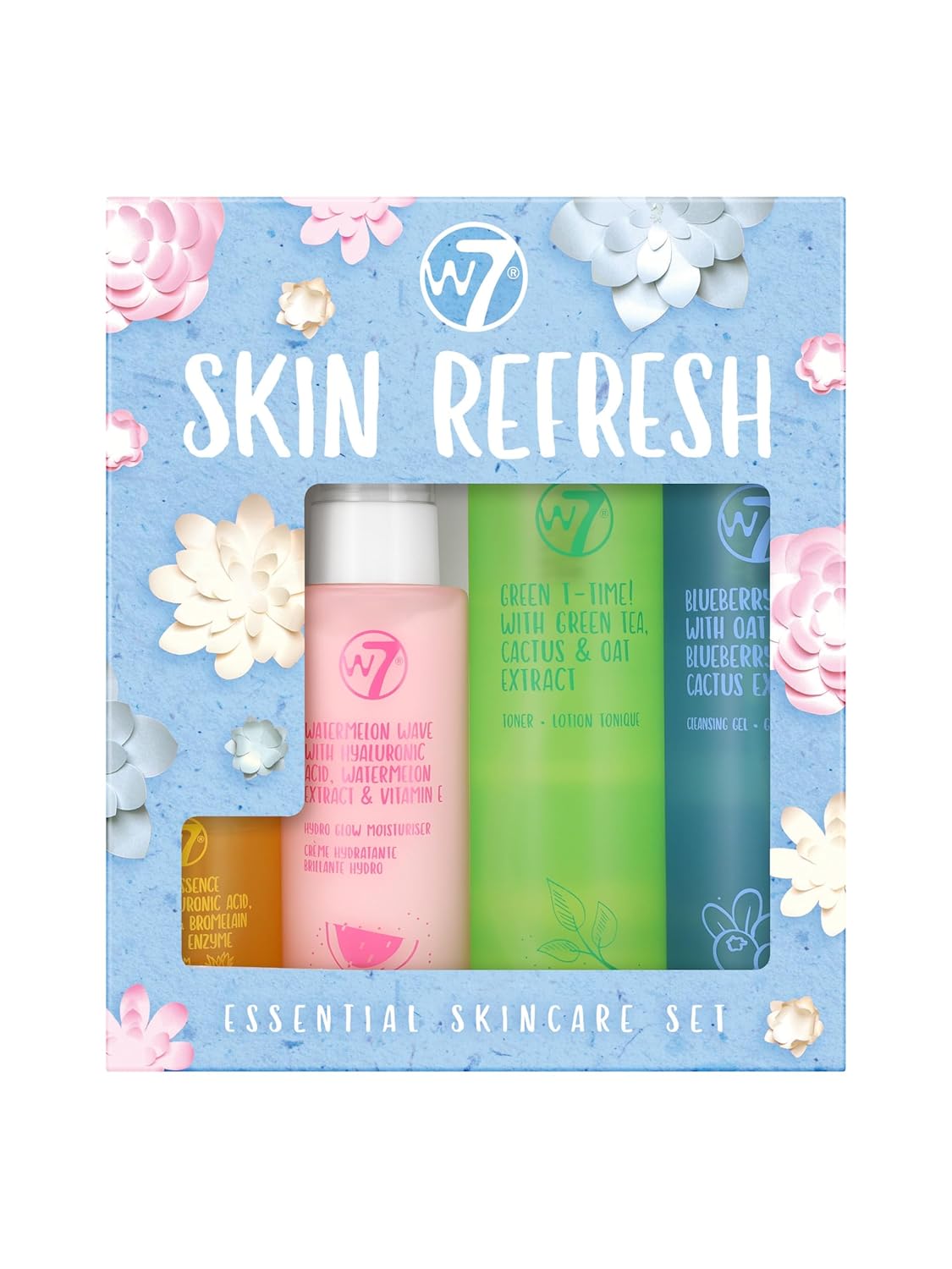 W7 Skin Refresh Essential Skincare Set - 4-Step Daily Routine Gift Set, Contains: Hydrating Cleanser, Soothing Toner, Anti-Ageing Serum and Repairing Moisturizer, Suitable For All Skin Types