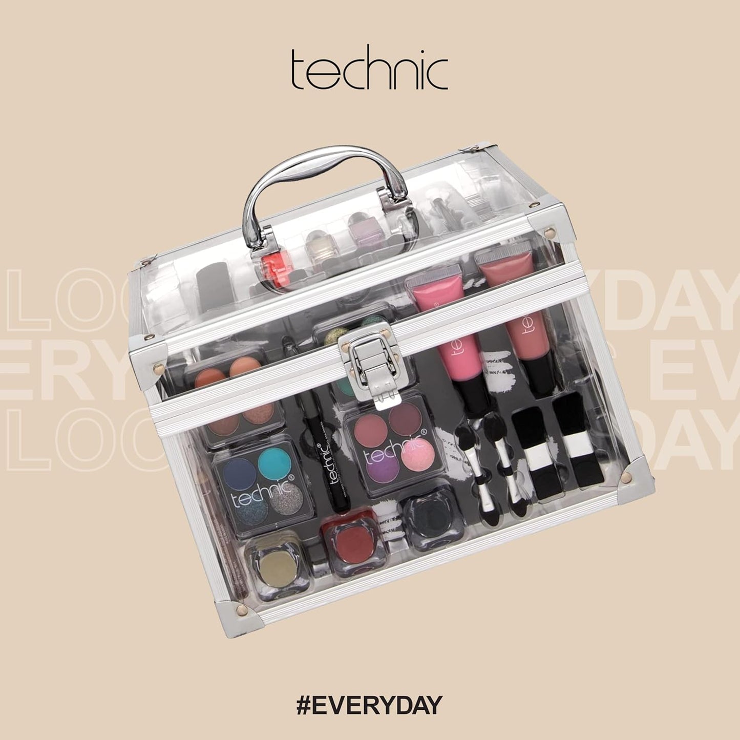 Technic 36 Pcs Clear Carry All Full Make Up Kit In a Trunk Train Case Including Makeup Brushes, Eye Shadows, Nail Polish, Blushers, Lipsticks and More