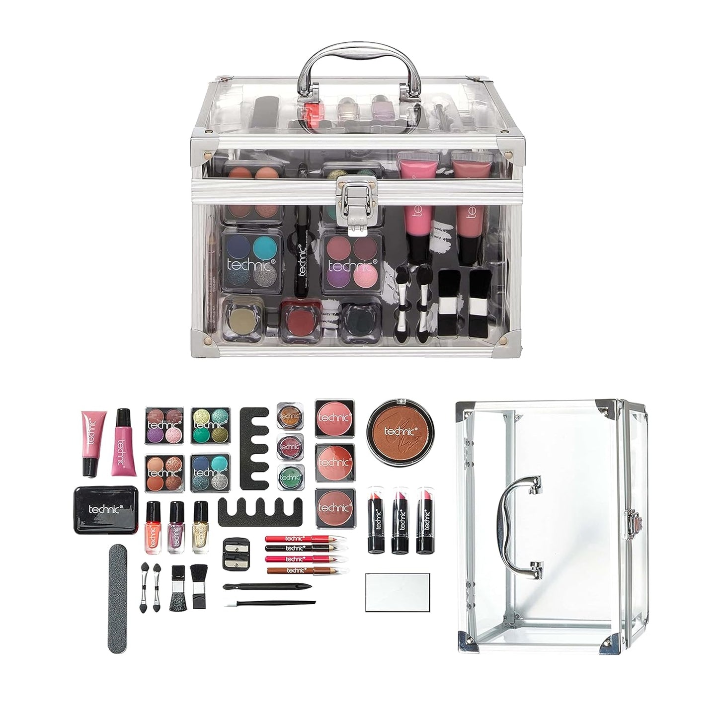 Technic 36 Pcs Clear Carry All Full Make Up Kit In a Trunk Train Case Including Makeup Brushes, Eye Shadows, Nail Polish, Blushers, Lipsticks and More