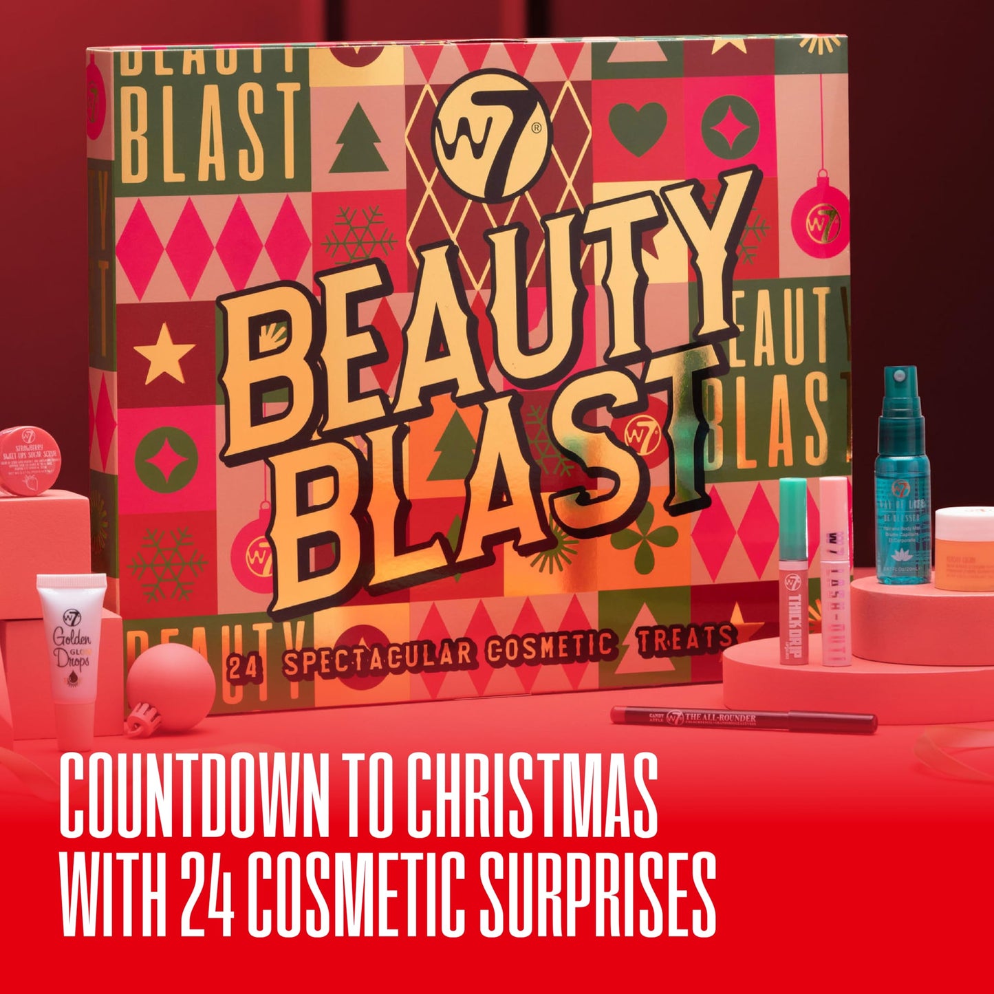 W7 Beauty Blast Advent Calendar 2024-24 Individually Boxed, Makeup & Cosmetic Surprises For Christmas - Cruelty Free, Holiday Gifting